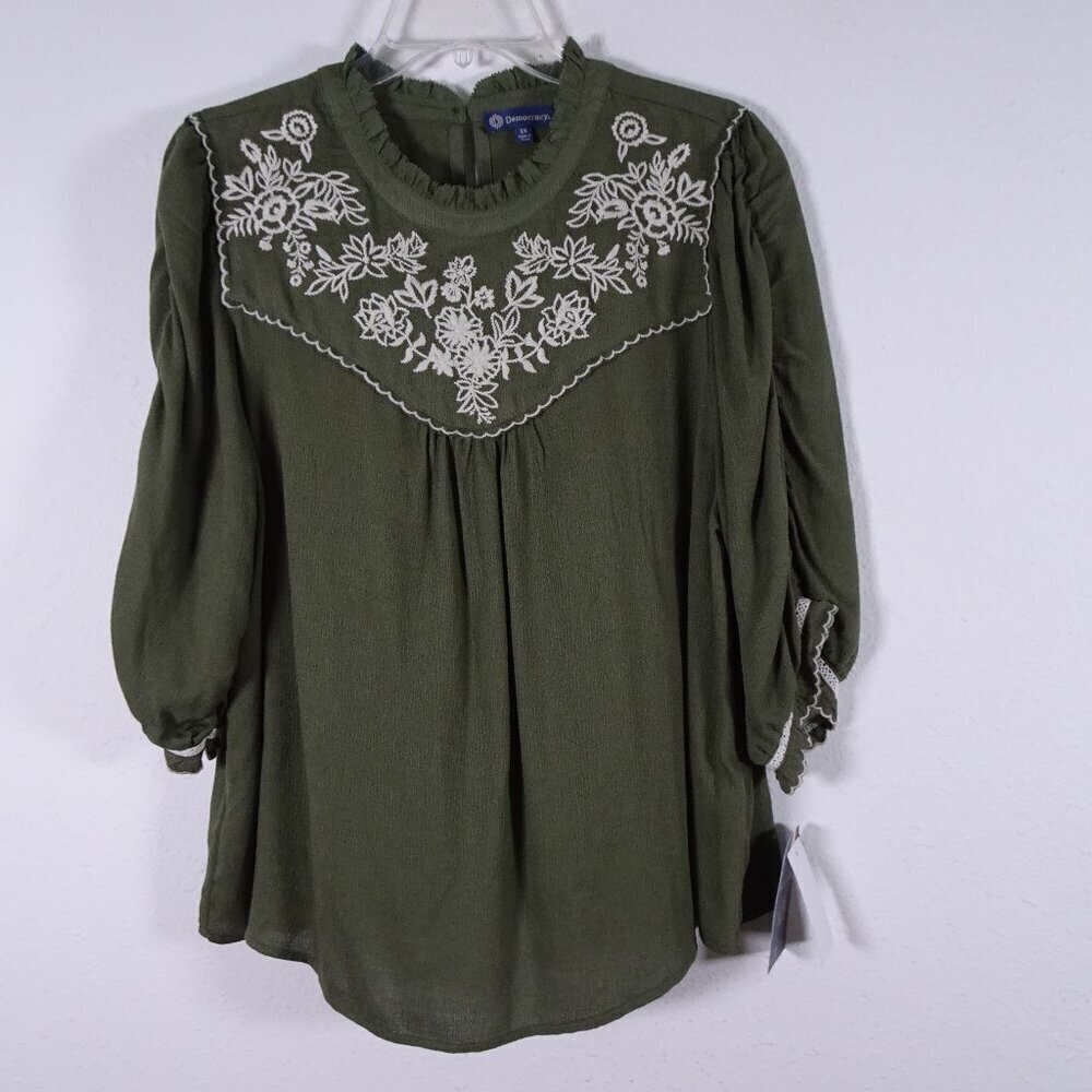 Democracy Embroidered Top Women's Plus Size 1X Green Puff Sleeve Boho Peasant
